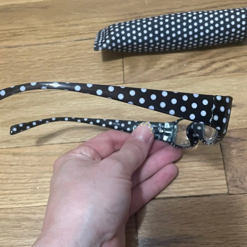 Black Brown White Polka Dot Reading Glasses +3.00 Strength with Matching Case